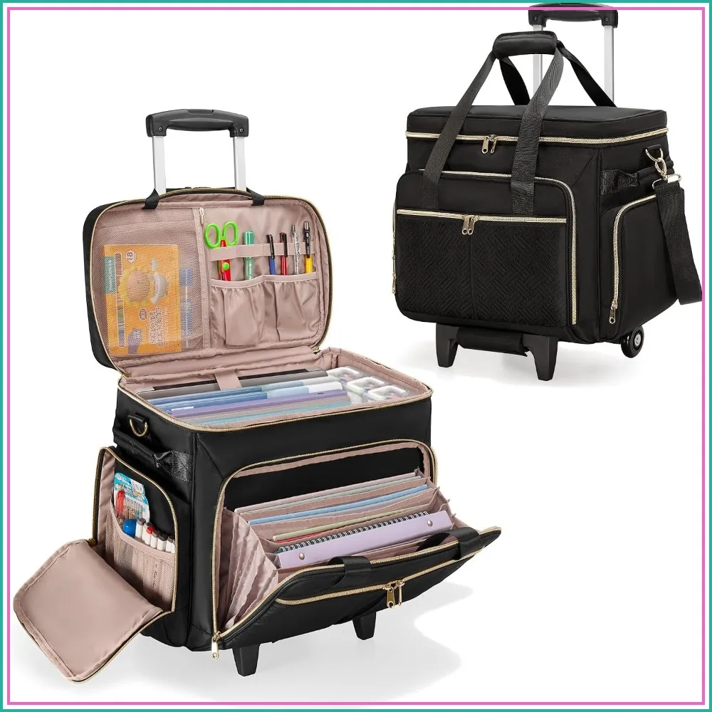 Rolling Teacher Bag with Wheels, Detachable Trolley Tote, Fits 15.6" Laptop