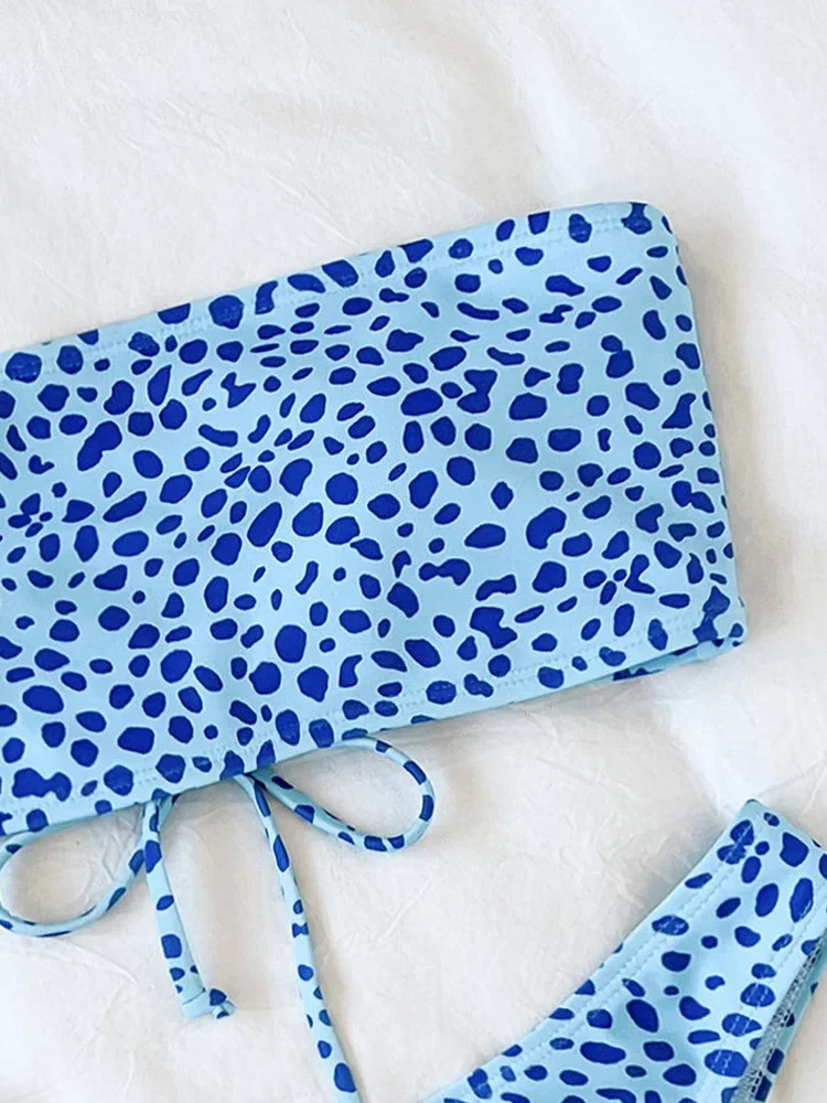 Сексуальный комплект бикини без бретелек с принтом, женский купальник со шнуровкой и разрезом, пляжные бикини с высокой талией, новинка 2025 года, летний купальник, комплект бикини