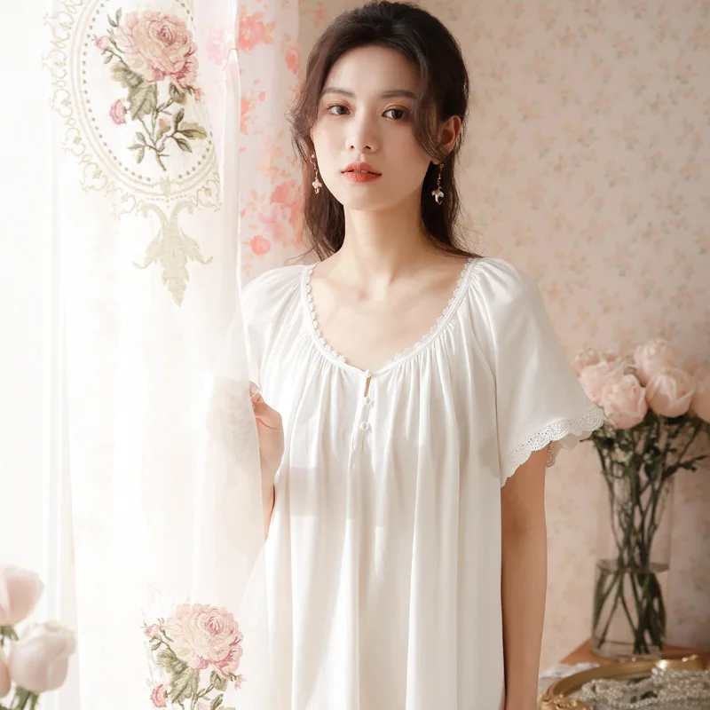 Women Summer White Short Sleeves Cotton Nightwear Simple Round Neck Mid-Calf Loose Nightdress Casual Plus Size Nightgowns New