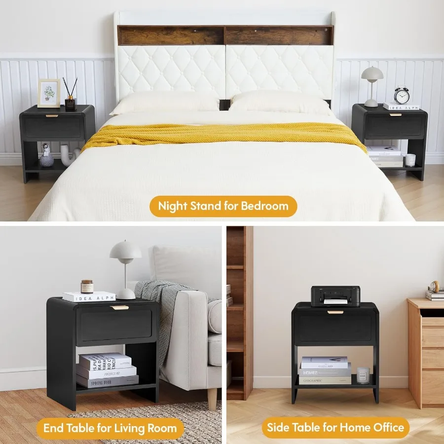 مجموعة منضدة مكونة من طاولتين بجانب السرير الحديثة في منتصف القرن مع محطة شحن وطاولة نهاية خشبية ذات زوايا علوية منحنية للمزرعة #5