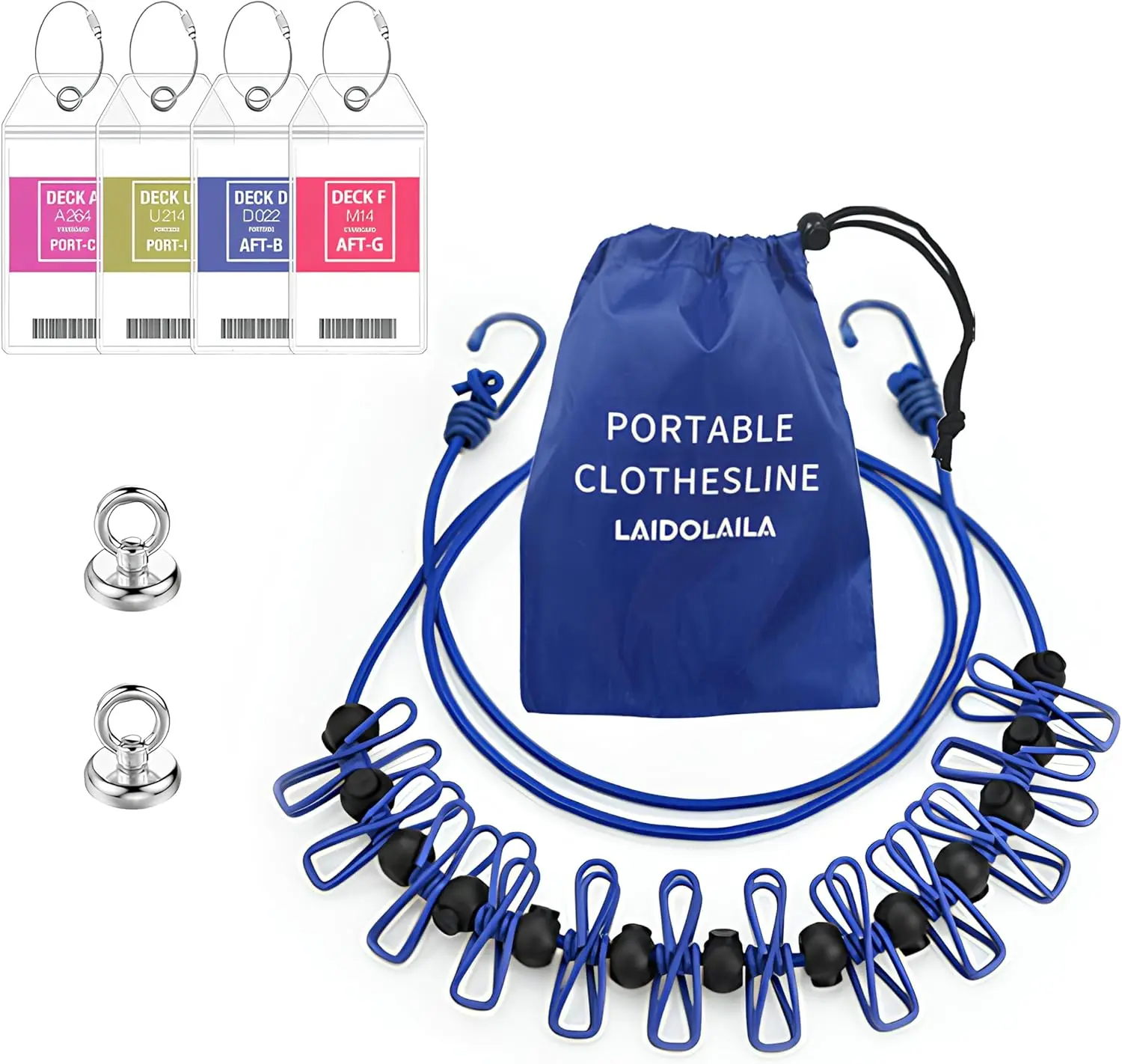 

Magnetic Retractable Clothesline for Travel - Cruise Approved Drying Rack with Clothespins and Luggage Tags (Blue)