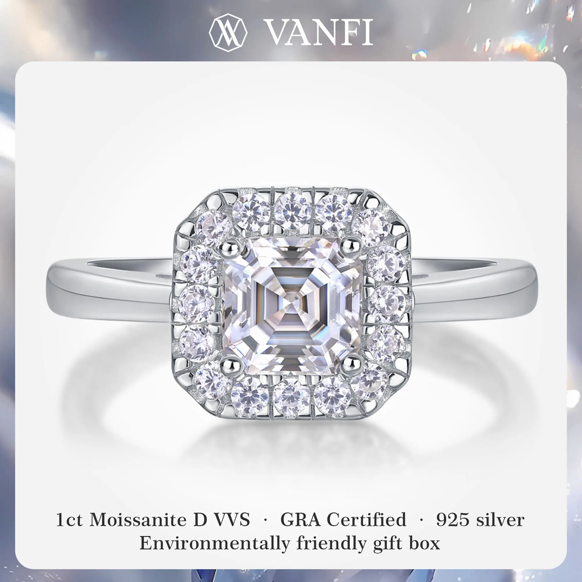 

kfvanfi 1ct moissanite square GRA lab diamond D VVS women's ring s925 sterling silver plated 18k white gold wedding jewelry