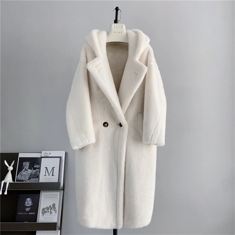 PT482 Women Girl Hooded Maxi Thick Coat Female Long Double-breasted Faux Mink Fur Loose Warm Jacket Parka