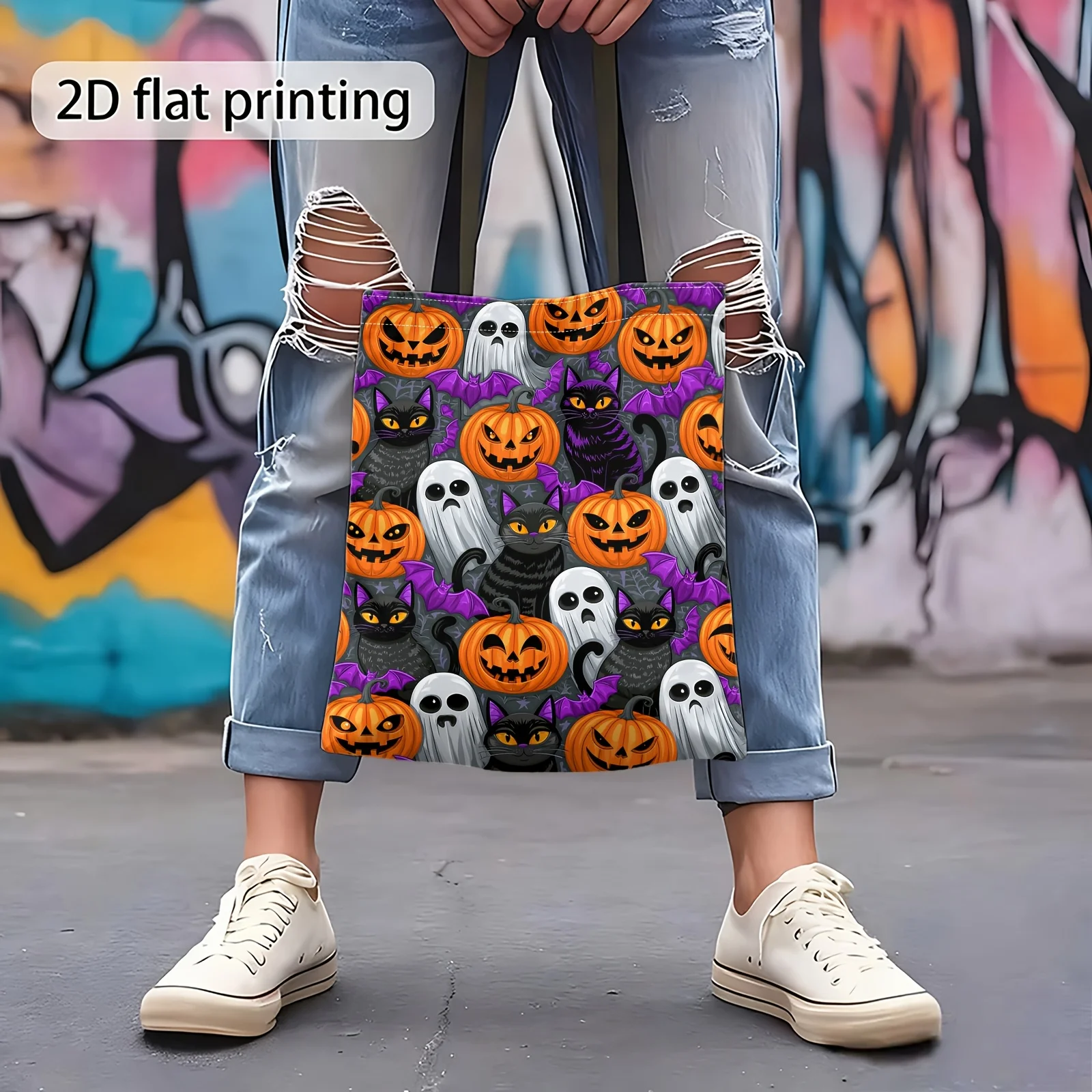 Halloween Double-Sided Printed Women'S Shoulder Bag, Featuring Pumpkin, Ghost, And Black Cat Patterns,Reusable Shopping Bag