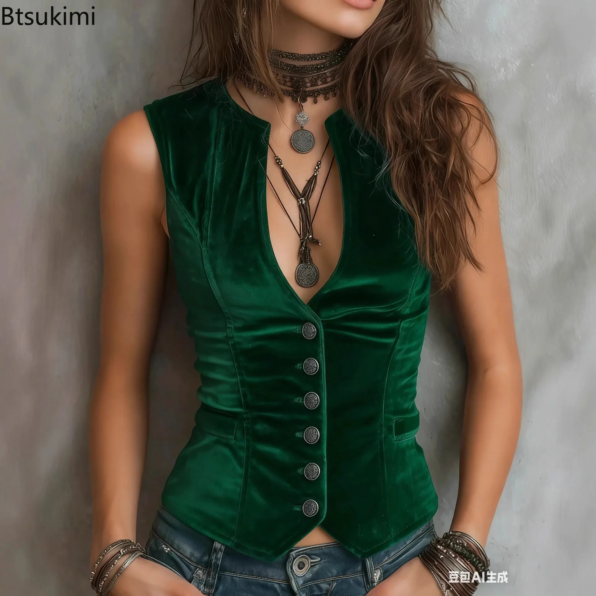 2026 Women's New Solid Lace Vest V-neck Sleeveless Retro Short Jacket Casual Single Breasted Summer Vest Street European Outfit