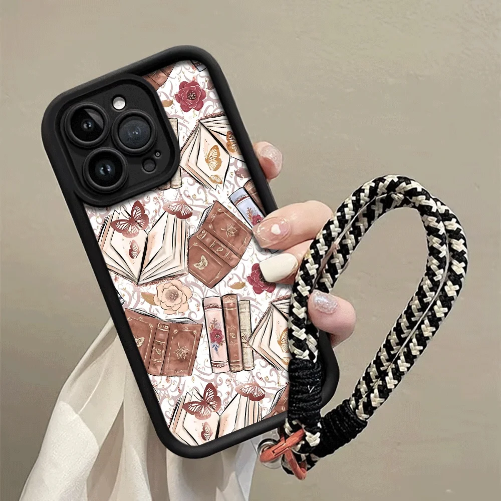 Bücher Schmetterlinge Blumen Riemen Seil Handyhülle für iPhone 14 15 16 17ProMax 15 14 13 Pro Plus Stoßfeste Matte Silikonhülle – Detail 1