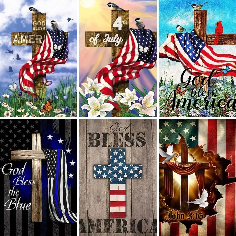 

5D Diy Diamond Painting Christian Cross American Flag Landscape Rhinestones Embroidery Religious Diamond Mosaic Cross Stitch
