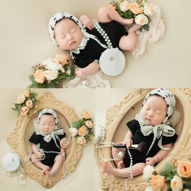 

Newborn Photography Clothing Baby Girl Set Scarves+Bodysuit Pearl Handbag Artificial Flower Shoot Decoration Studio Accessories