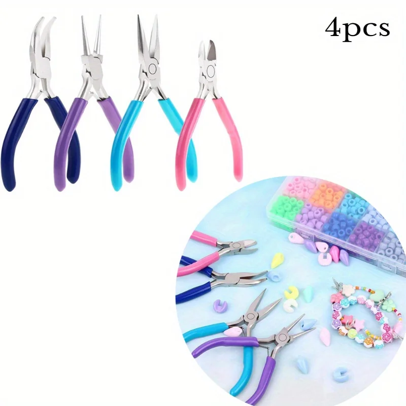 4pcs Non-slip Mini Pliers Diagonal Round Bent Needle Nose Pliers Handle Jewelry Repair Making Handcraft Beading Cutter Pliers