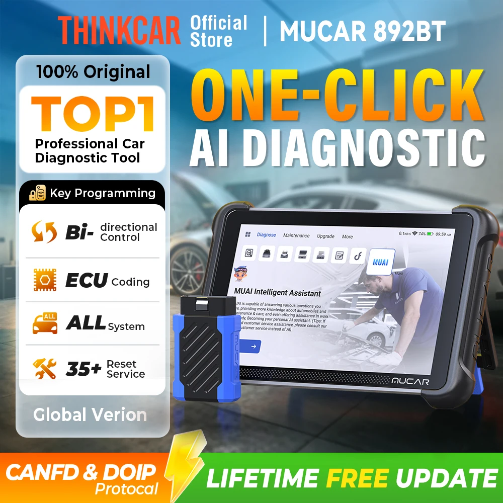 Programação de chaves MUCAR 892BT AI com ferramenta de diagnóstico automotivo TKEY 101, scanner OBD2 bidirecional, codificação de ECU, CANFD DOIP, 35 resets, atualização gratuita vitalícia do sistema.