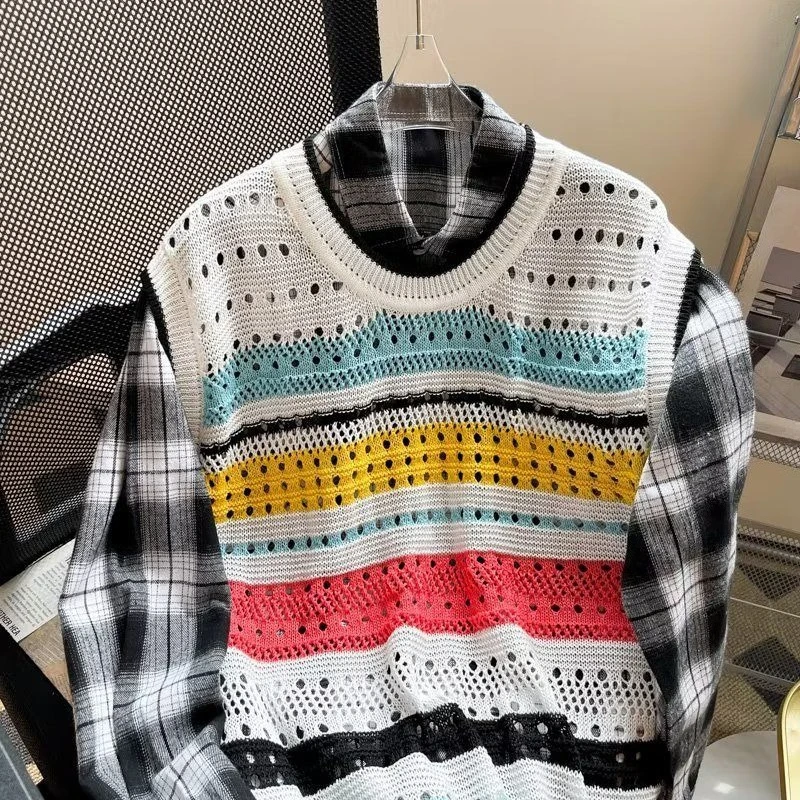 

Вязаный жилет премиум-класса, мужской американский модный красочный ажурный пуловер без рукавов, спортивный повседневный многослойный пуловер с круглым вырезом