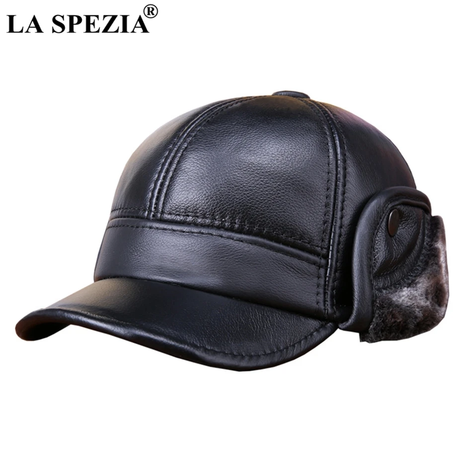 LA SPEZIA Winter Baseball Caps with Fur Earflaps Men Genuine Cow Leather Warm Thick Duckbill Hat Male Luxury Brown Leather Hat