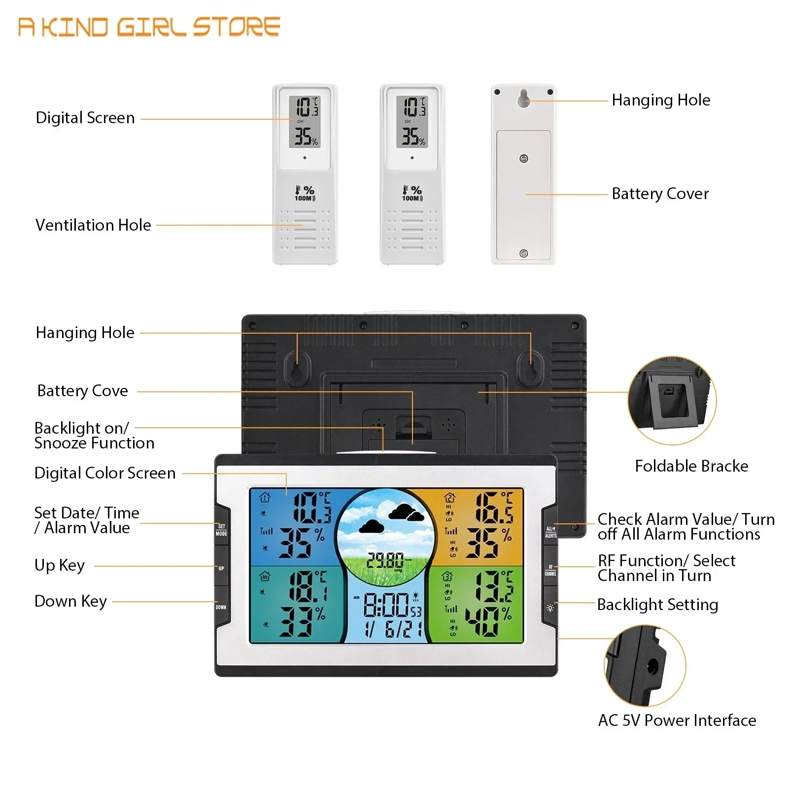 Digital Weather Station With Remote Sensors With 3 Sensors Temperature Humidity Monitor Alarm Clock with Snooze Thermohygrometer