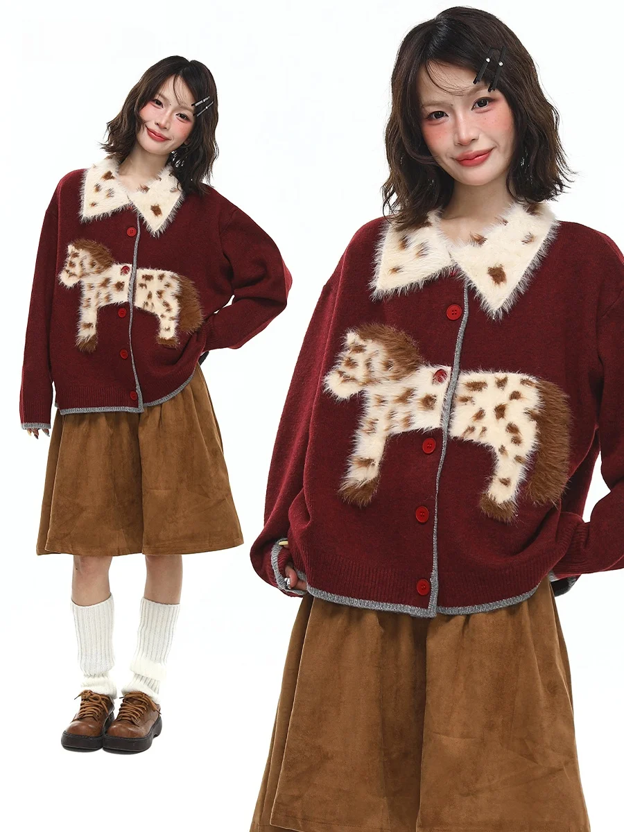 

Red Knitted Loose Fit Sweater with Collar Design And Embroidery Detail Sanower's Luy Year Knitwear for Women Autumn Winter