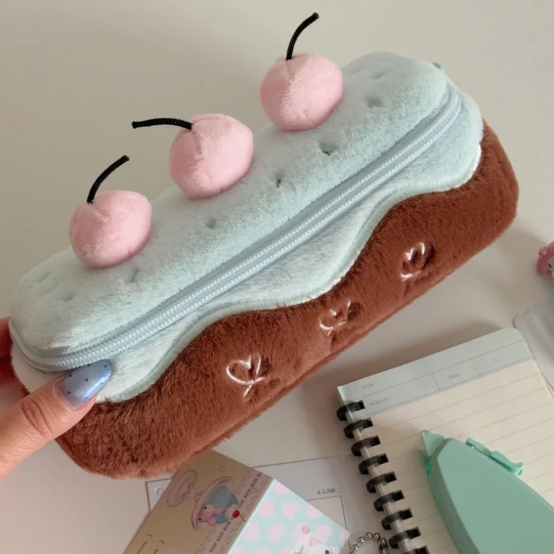 Chocolate Cherry Cake Plush Pencil Case, Cute Large‑Capacity Stationery Storage Pouch for Student Daily School Use
