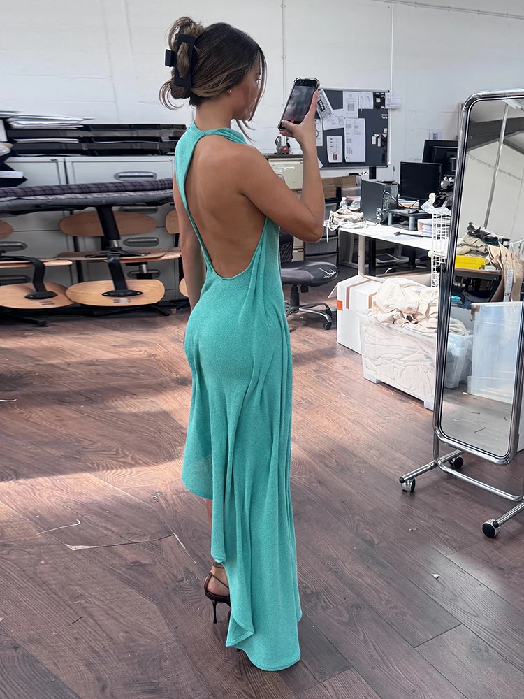 Sisterlinda Trend Mode Sexy Langes Kleid Damen Rückenfrei O-Ausschnitt Ärmellos Unregelmäßiger Saum Urlaub Gerafftes Elegantes Kleid – Detail 26