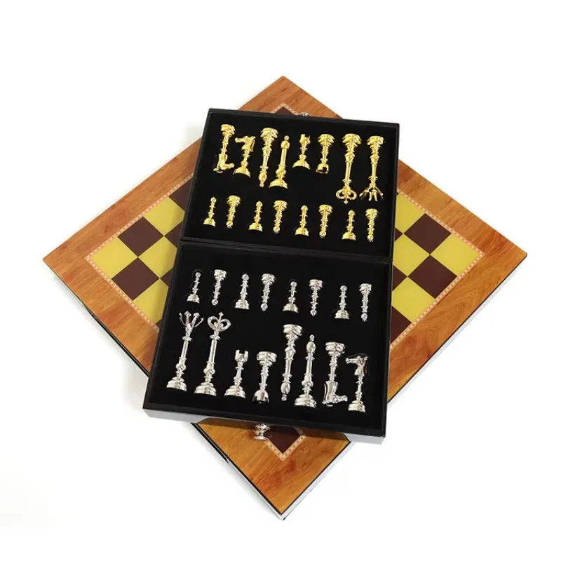 رائجة البيع الحديثة الفاخرة المعادن البني خشبية الشطرنج مجلس لعبة الطاولة الدولية لغز لعبة قطعة مجموعات الأطفال MDF البلاستيك #5