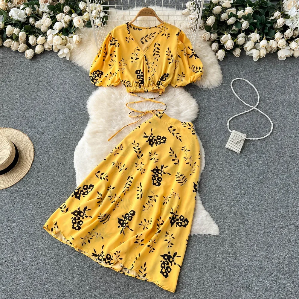 Women Summer Floral Sets Sexy V Neck Tops+ Long Print Long Skirt Design Beach Suit Holiday Elastic Waist Two Piece Set