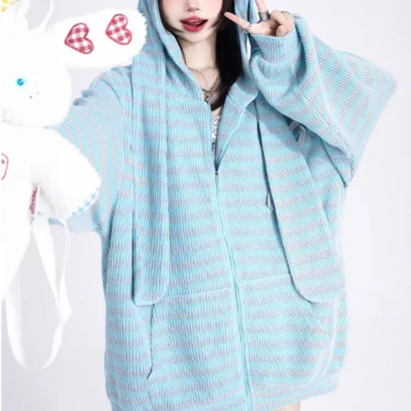 Deeptown Kawaii Bunny Ear Striped Knitted Hoodies Women Harajuku Y2k Zip Up Sweatshirts Japanese Style Autumn Winter Hoodies