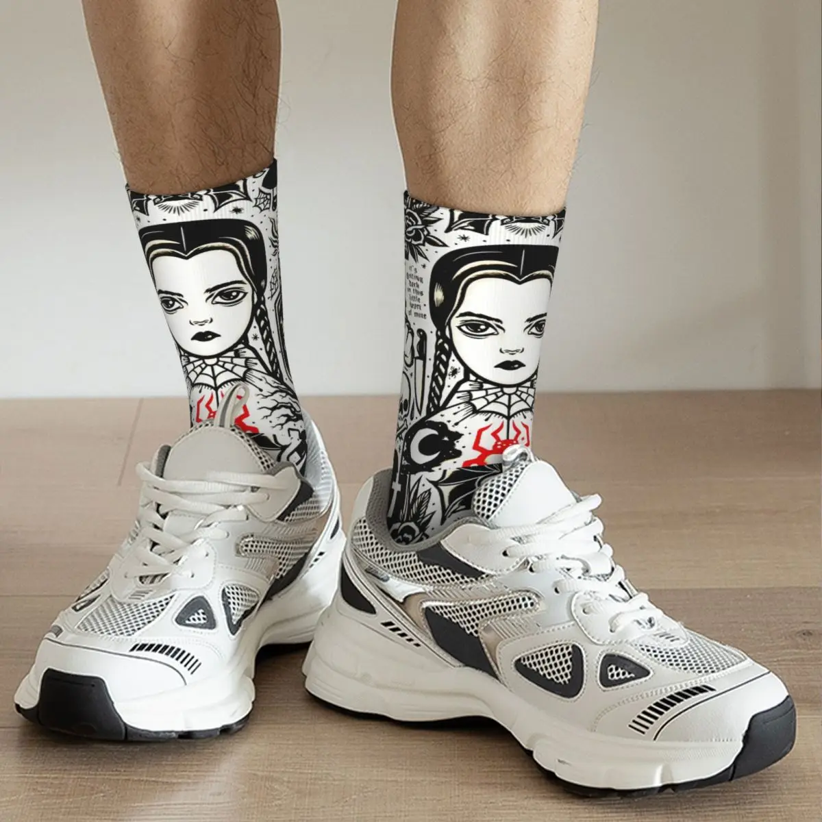 Funny Men\'s Socks BOOOM Vintage Wednesday TV Series Street Style Novelty Crew Sock Gift Pattern Printed