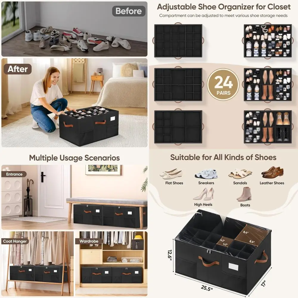 

2-Pack Shoe Organizers with Adjustable Dividers, Space-Saving Storage Bins for 24-48 Pairs, Clear Lid & 4 Handles, Black