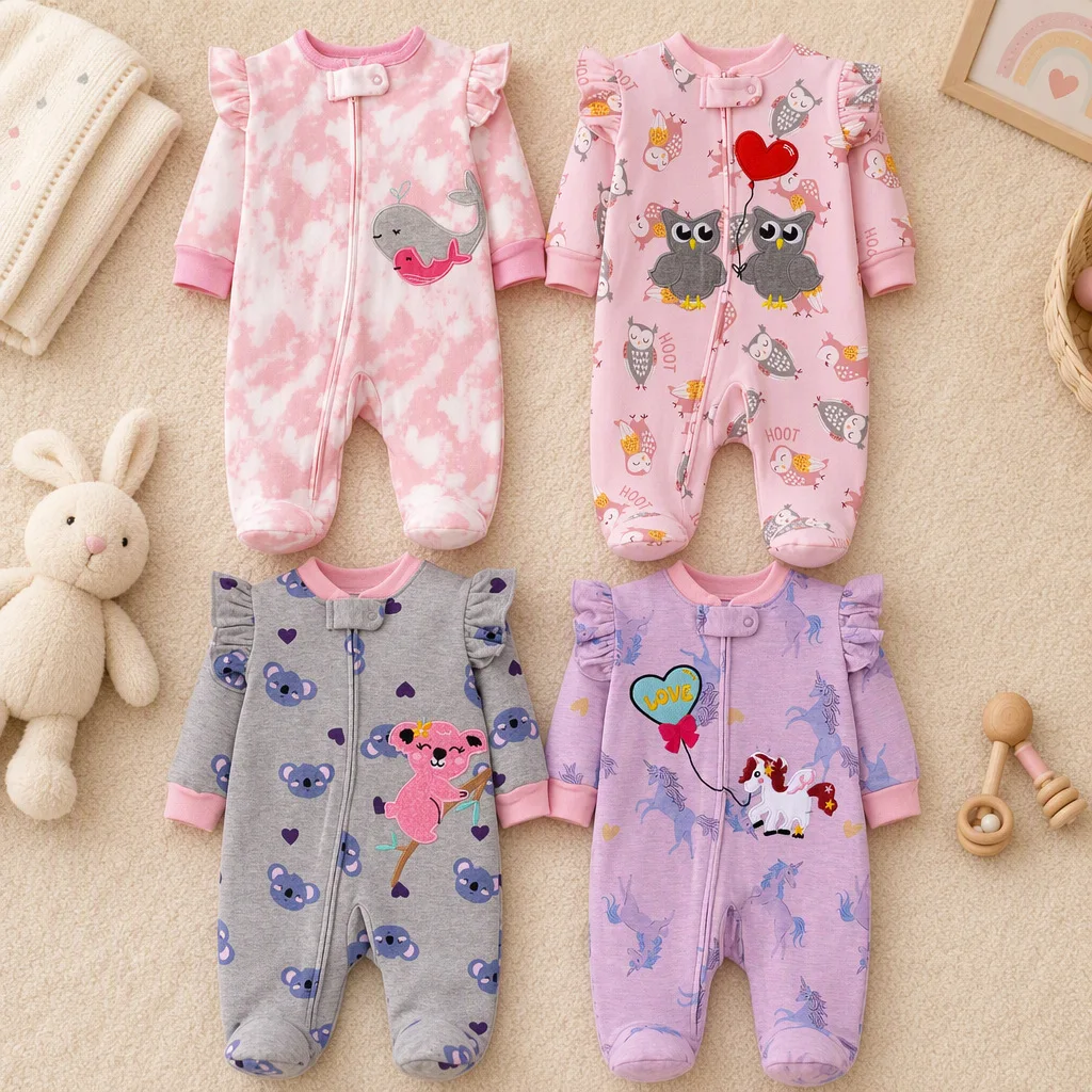 Pure Cotton Baby Footed Romper Ruffle Shoulder All-over Cartoon Print & Embroidery Zip Onesie for 3-9M Newborn Girls All Seasons