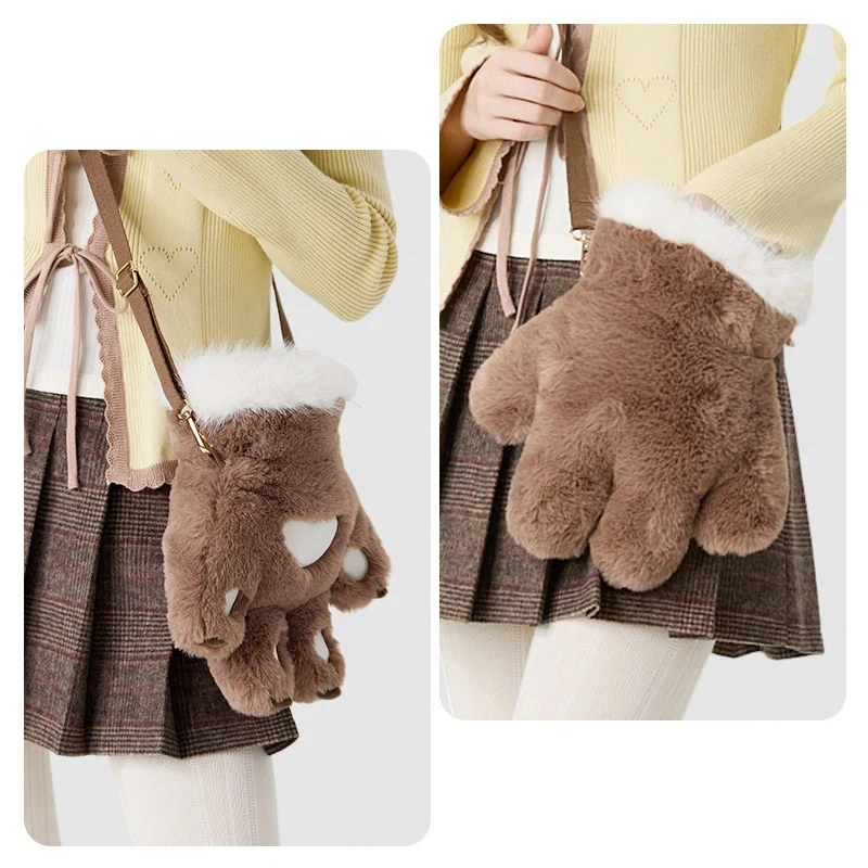 Bolso cruzado para mujer, bolso de felpa con garra de dibujos animados, bolso de hombro grueso y de felpa, bolso de mano cálido de gran capacidad, bolso para teléfono