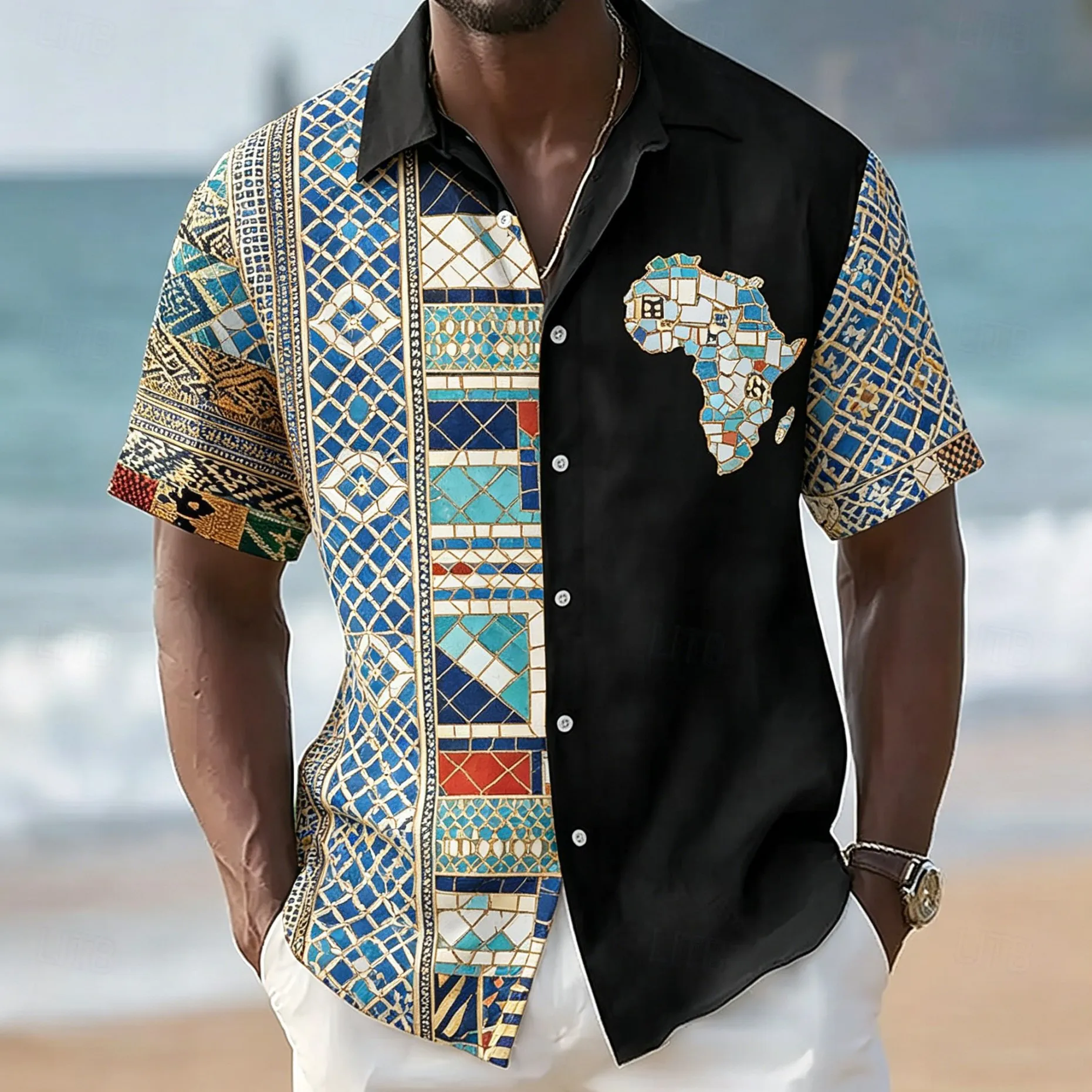 

Men's African Map Mosaic Print Short Sleeve Shirt Ethnic Geometric Pattern Casual Button Down Top for Spring & Summer