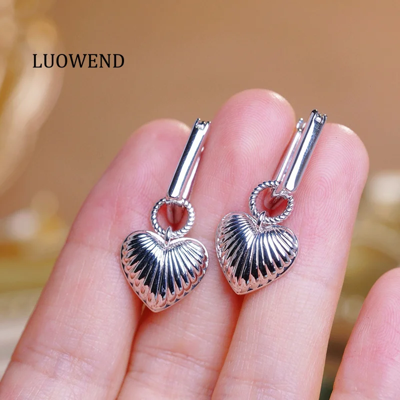 LUOWEND 100% 18K White Gold Earrings Vintage Heart Shape Hoop Earrings for Women Wedding Jewelry Sweet Cool Style Birthday Gift