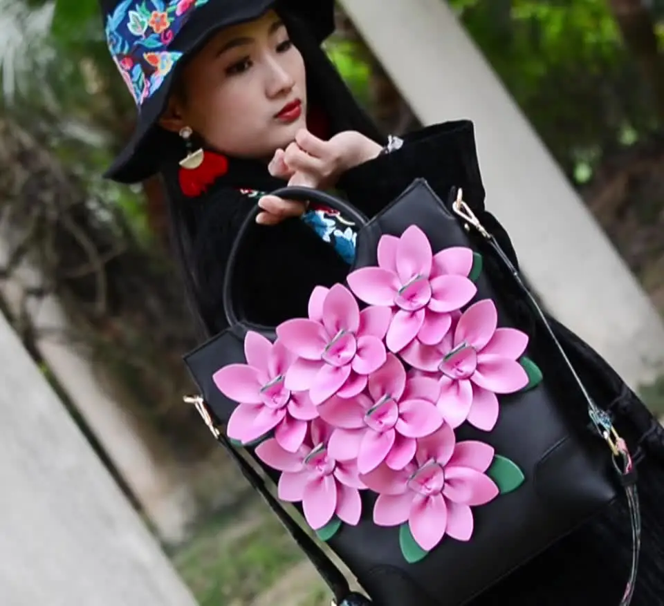 Women New Fashion Large Capacity National Style Applique Tote Bag ShoulderBag EveningBag Party Daily Big Flower