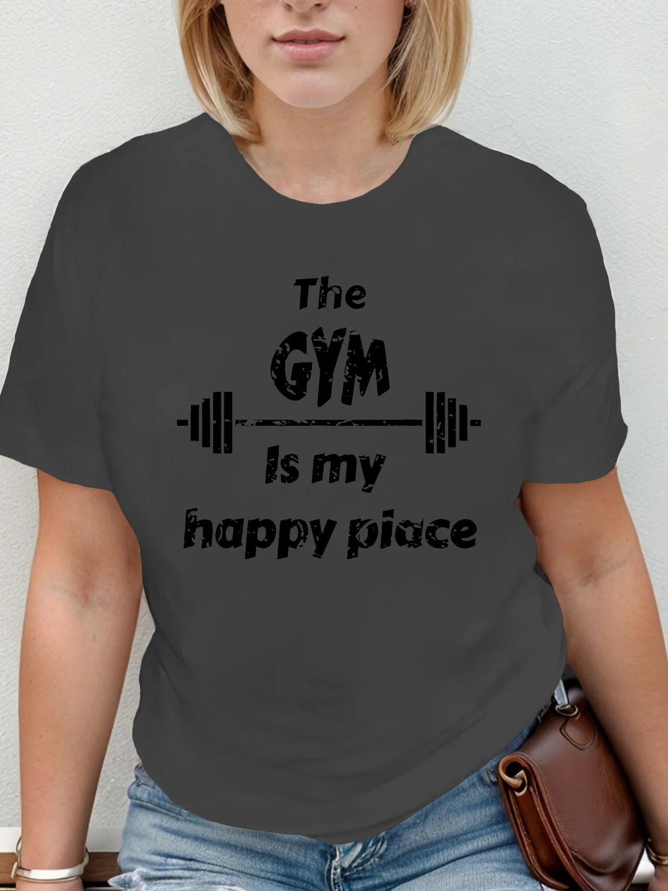 The Gym Is My Happy Place Printed T-Shirt Spring and Summer Casual Round Neck Short Sleeve T-Shirt for Women