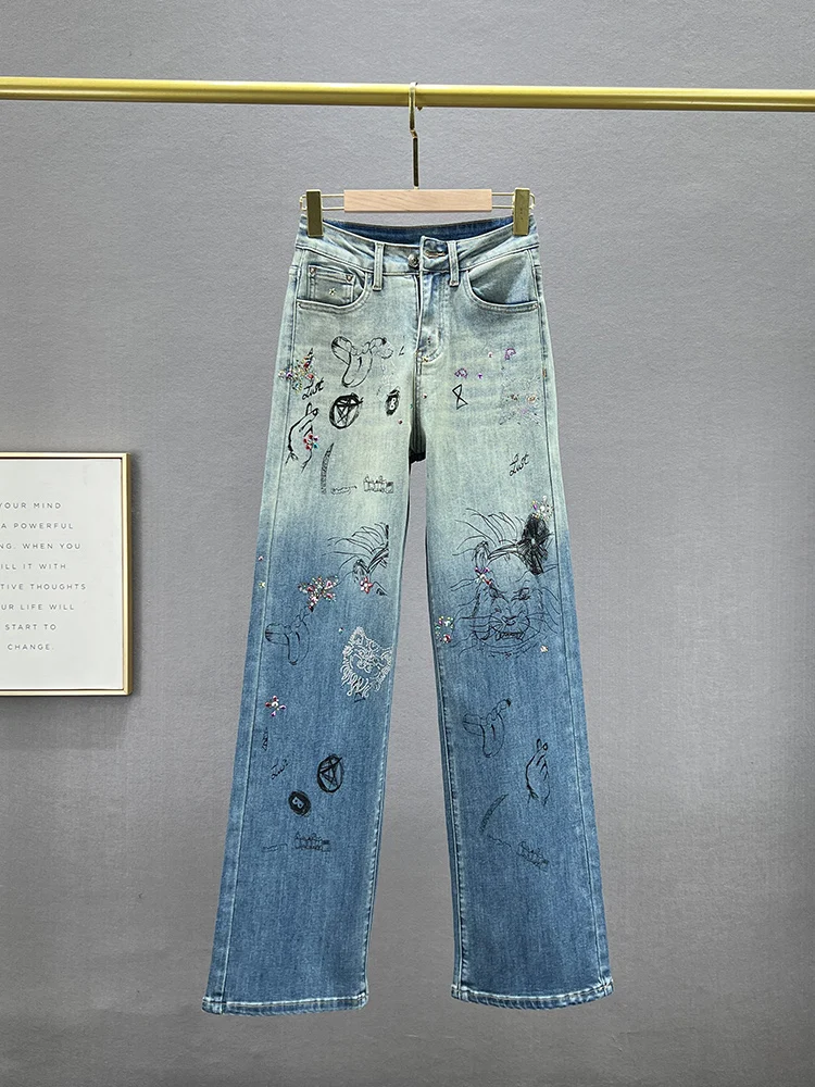 

Women's High Waist Extended Length Denim Jeans Rhinestone Embellied Straight Leg Loose Fit Slimming Autumn Season Cotton St...