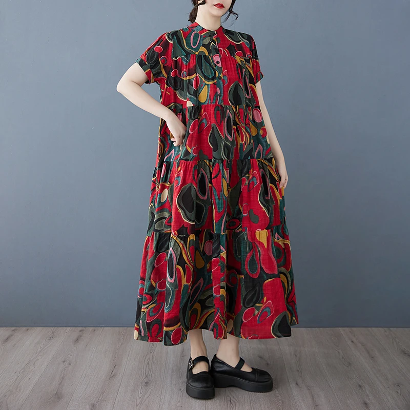 2025 verão novo feminino manga curta solto vestido de grandes dimensões algodão moda praia férias impresso longo balanço vestido a396