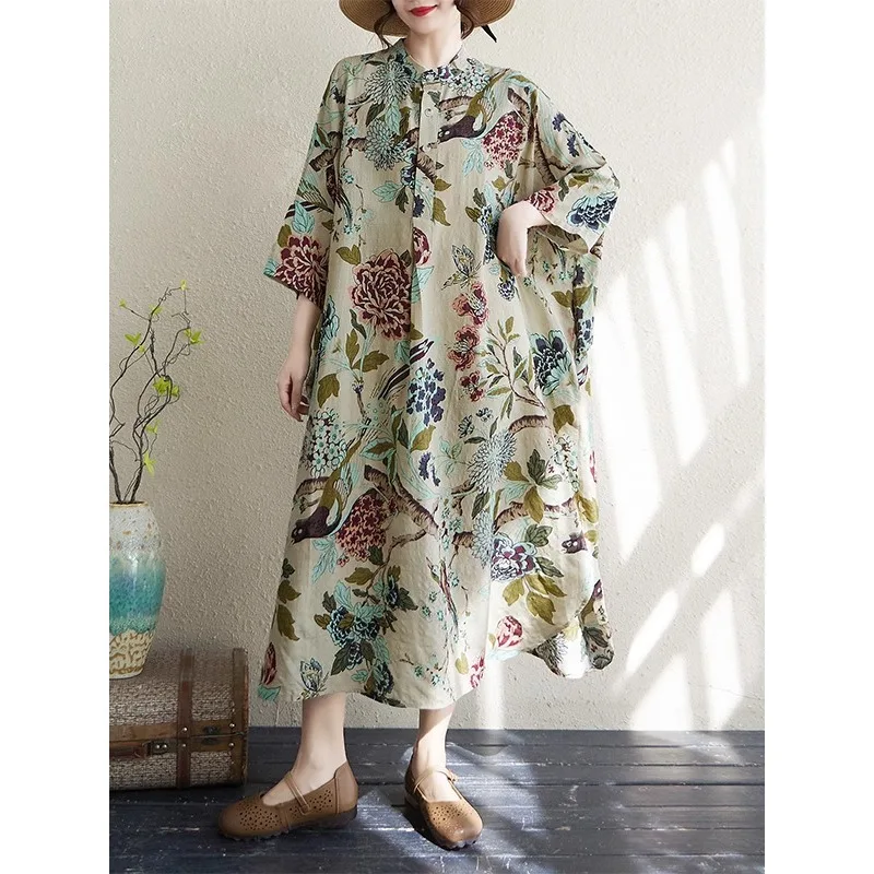 SuperAen 2025 Summer New Retro Cotton and Linen Printing Stand-up Collar Loose Long Dress