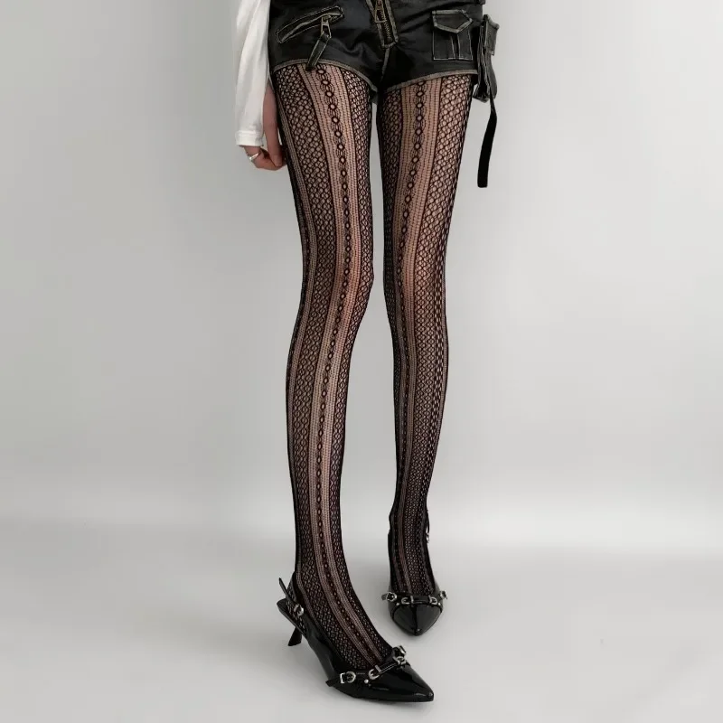 New Women's Sexy Striped Vertical Grain Lace Tights Hollow Out Wide-strip Circles Pantyhose JK Mesh Breathable Fishnet Stockings image 3