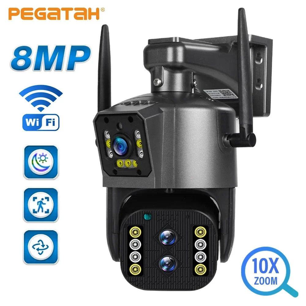 PEGATAH 8MP 10X Optical Zoom Camera Outdoor WiFi PTZ Three Lens Dual Screen  Auto Tracking Waterproof CCTV IP Cameras