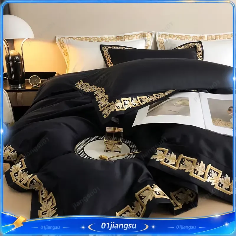 1000TC Egyptian Cotton Bedding Set Luxury Gold Embroidery Duvet Cover Black Khaki Patchwork Bed Sheet Fitted Sheet