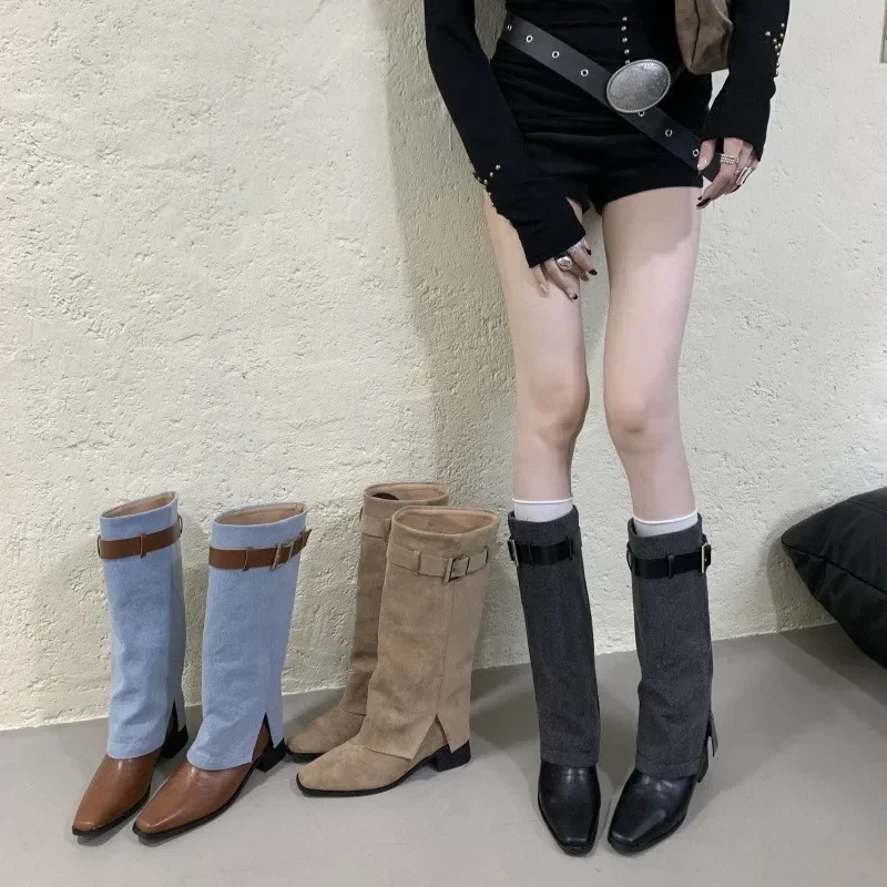 

Сексуальные замшевые сапоги до колена с металлическим ремнем и пряжкой, женские зимние удобные ковбойские сапоги на танкетке в стиле вестерн, роскошная женская обувь Y2K