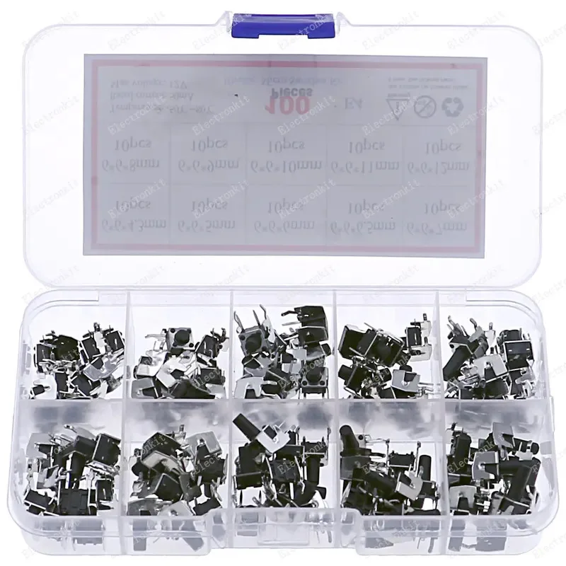 100pcs 10value 6x6mm Momentary Tactile Tact Switch Assorted kit 6*6*4.3/5/6/6.5/7/8/9/10/11/12mm Right Angle With stent With Box