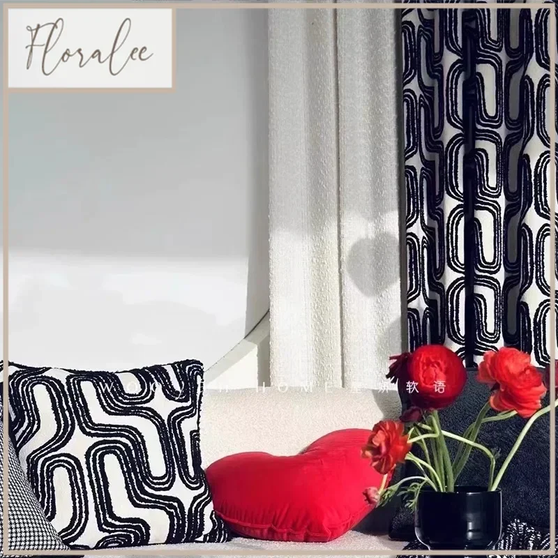 Black And White Flocking Thickened Jacquard Chenille Curtains For Living Room Bedroom French Window Balcony Window Customized