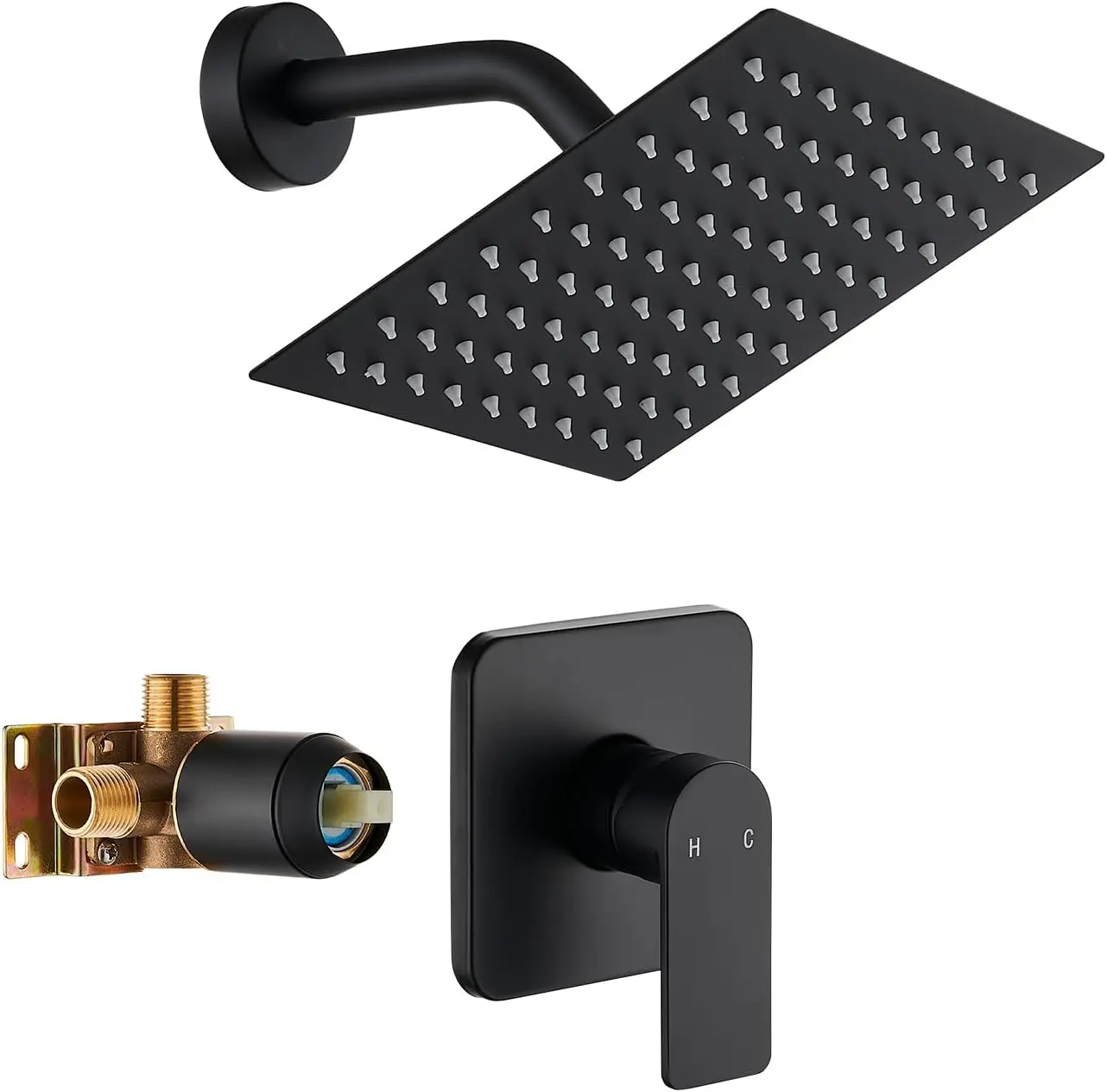 

8-Inch Square Matte Black Rainfall Shower System with High Pressure Valve Kit