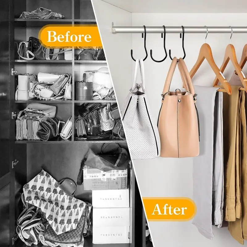 10 Pcs Black Heavy Duty S Shape Wardrobe Hooks No Drill Anti Slip For Bag Clothes Plant Pot Home Storage