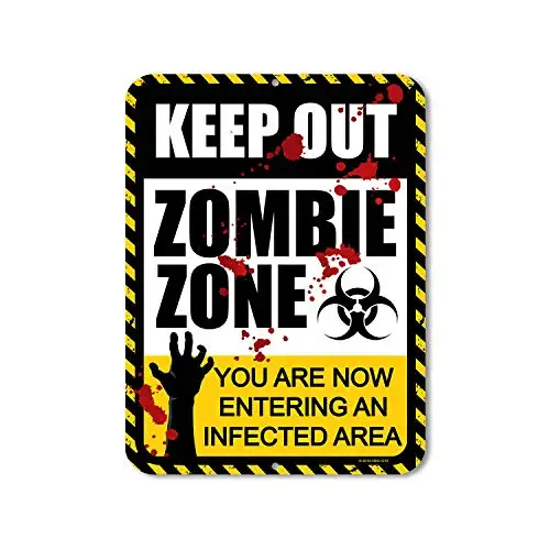 Honey Dew Gifts Funny Signs, Keep Out Zombie Zone 9  by 12  Metal Aluminum Funny Halloween Signs, Made in USA