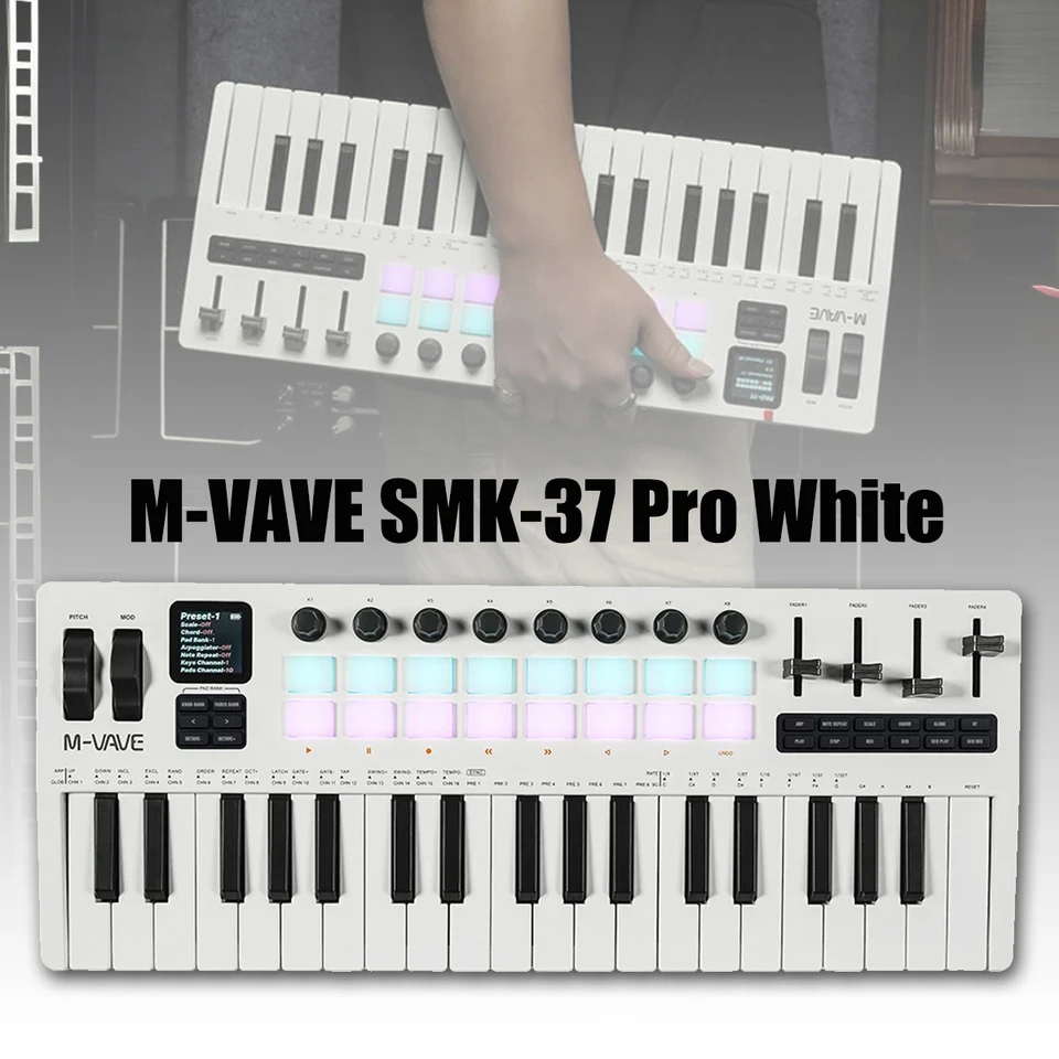 M-VAVE SMK-37 Pro White Wireless MIDI Keyboard – 37 Keys, 16 RGB