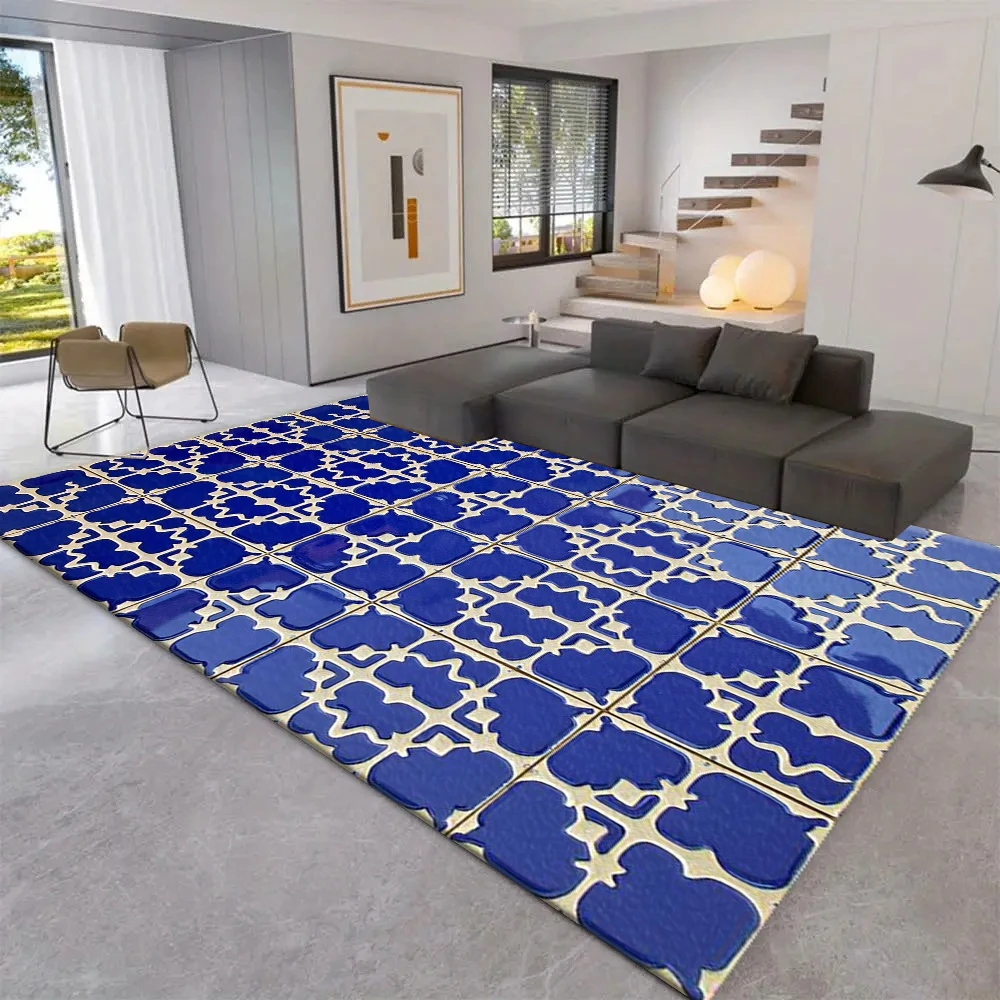 Blue Portuguese Tile Style Area Rug Retro Geometric Ceramic Print Floor Mat Washable Decor Carpet For Living Room Entryway