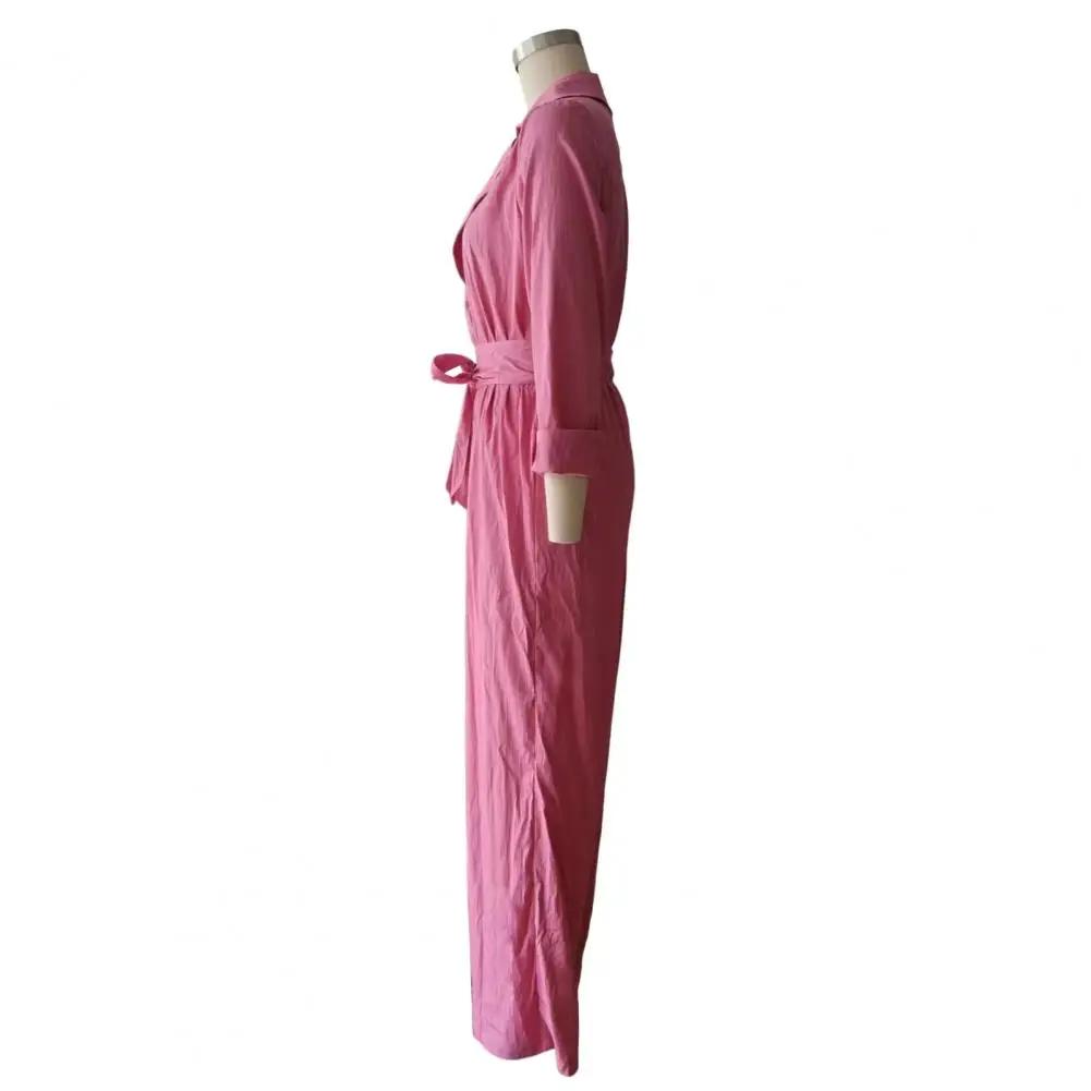 Women Loose Fitting Rompers Women V Neck Jumpsuit with Belt Collared Long Sleeve Romper Solid Color Wide Leg Pants for Fall