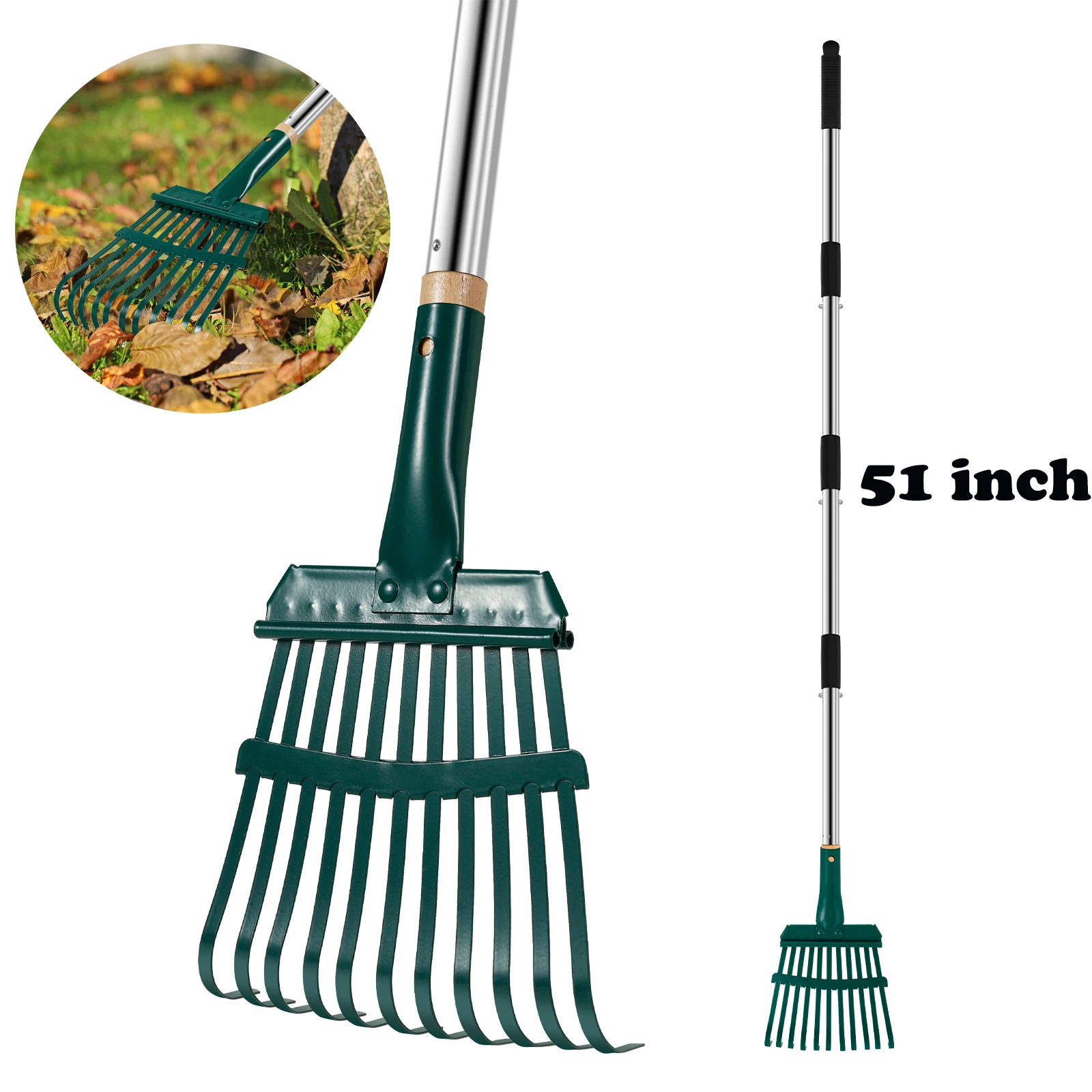 

56inch Metal Garden Rake with Long Handle with 11 Prongs Adjustable Detachable Leaves Rakes for Leaves, Yards, Shrubs, Flower Be