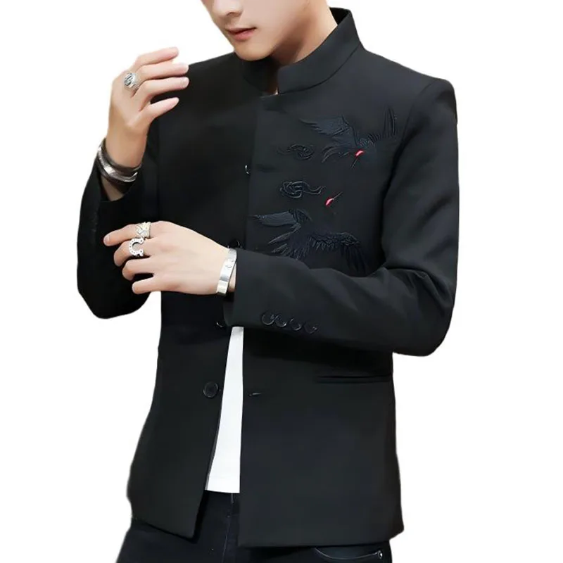 Chinese Style Red-Crowned Crane Embroidery Stand Collar Casual Suit Jacket Men's Blazer Zhongshan Coat