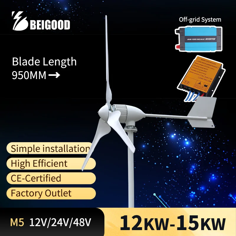 Home Farm 15KW 12V 24V 48V Horizontal Axis Wind Energy Turbine Generator 3 Blades Wind Power Fan Windmill Three-phase AC