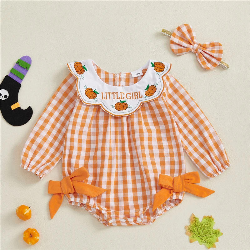 

Baby Girls Fall Plaid Romper Halloween Pumpkin Embroidery Ruffled Round Neck Long Sleeve Bubble Jumpsuit with Bow Headband